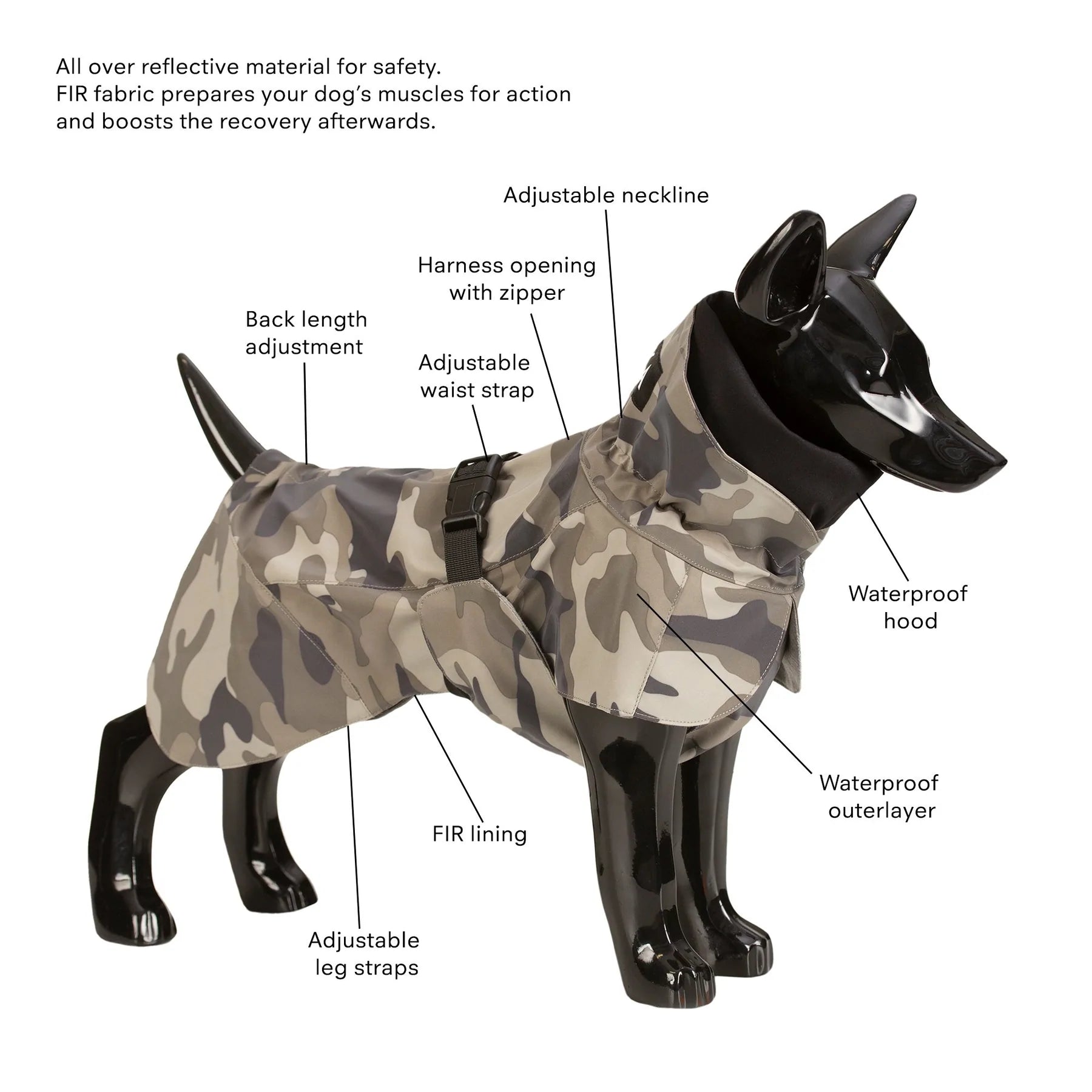 Varmende, reflekterende regndekken til hund - Kamuflasje - Dyrekompaniet